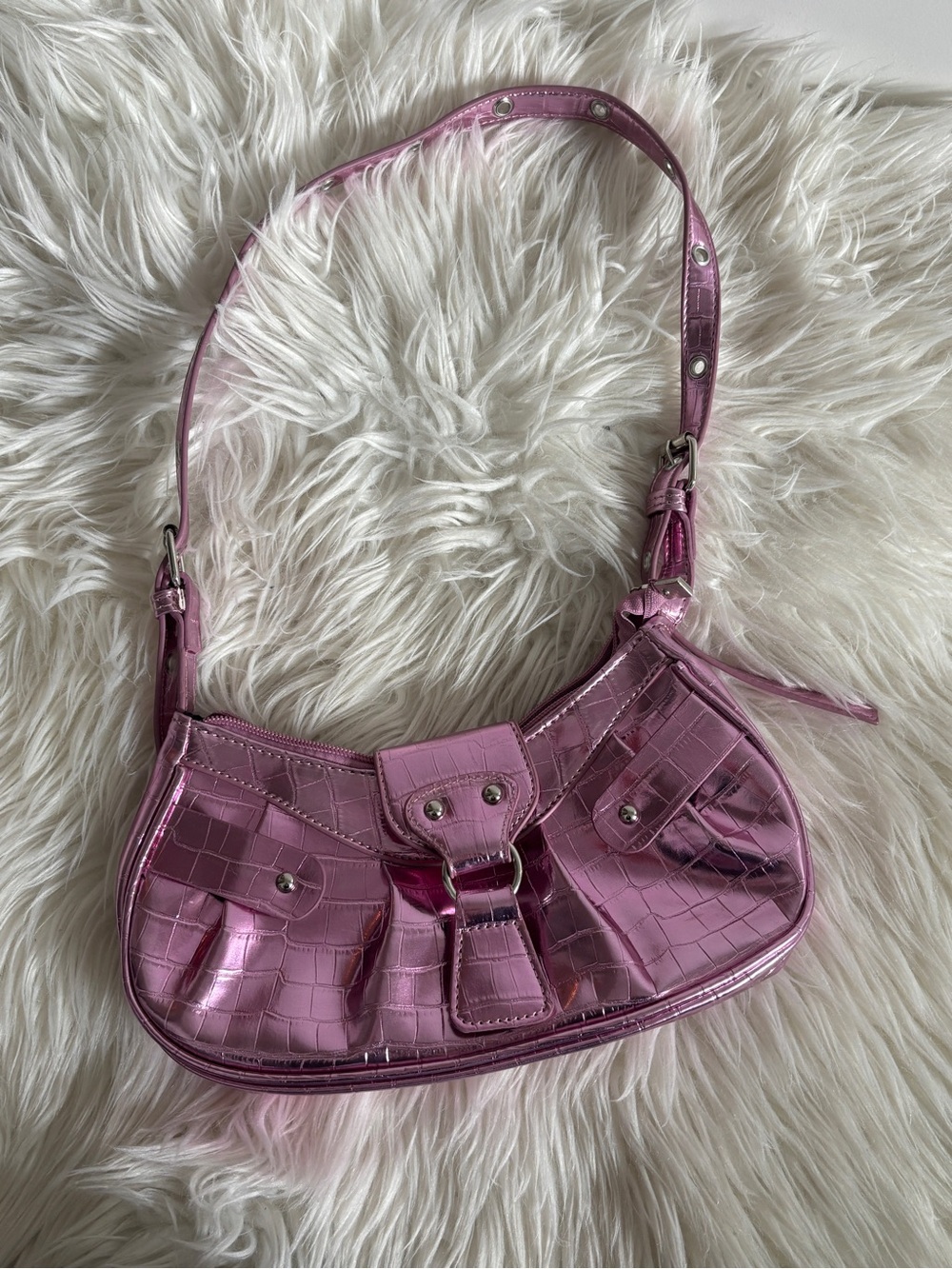 Metallic Pink Croc-Embossed Shoulder Bag